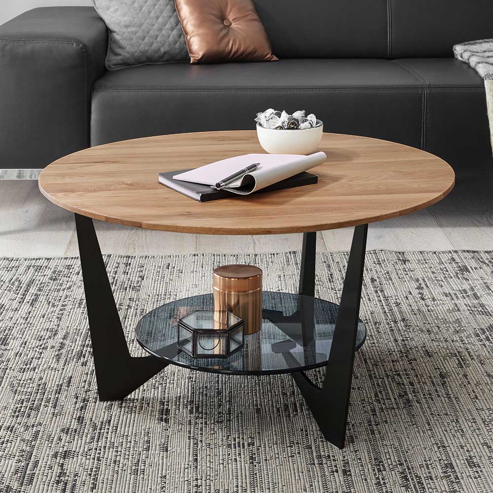 Sofa Tisch mit Ablage aus Eiche Massivholz Sicherheitsglas von