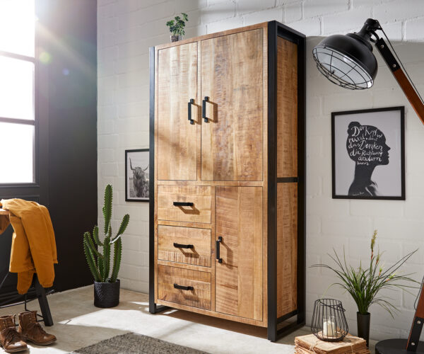 Highboard Crompton 100x185cm Mango Natur Metall Schwarz 3 Türen 3 Schübe