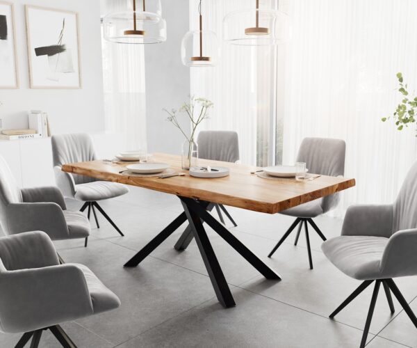 Esstisch Edge 200x100 XL Akazie Natur Kreuzgestell Rechteck Schwarz Live-Edge