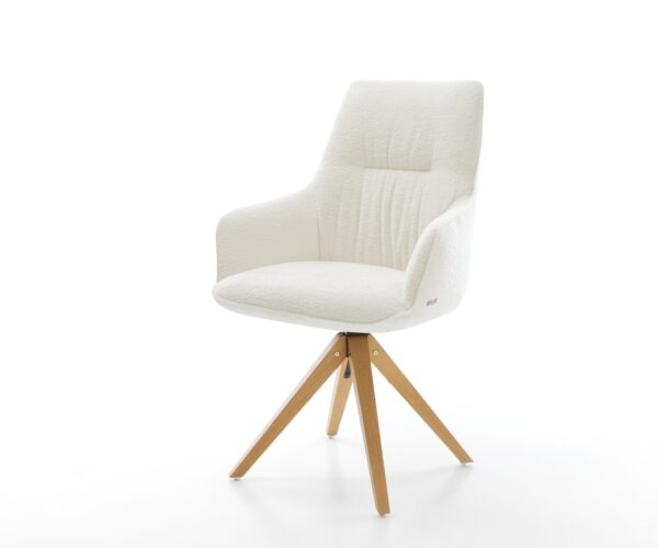 Drehstuhl Zelia-Flex mit Armlehnen Bouclé Soft Beige Holzgestell kantig Natur 180° drehbar Taschenfederkern
