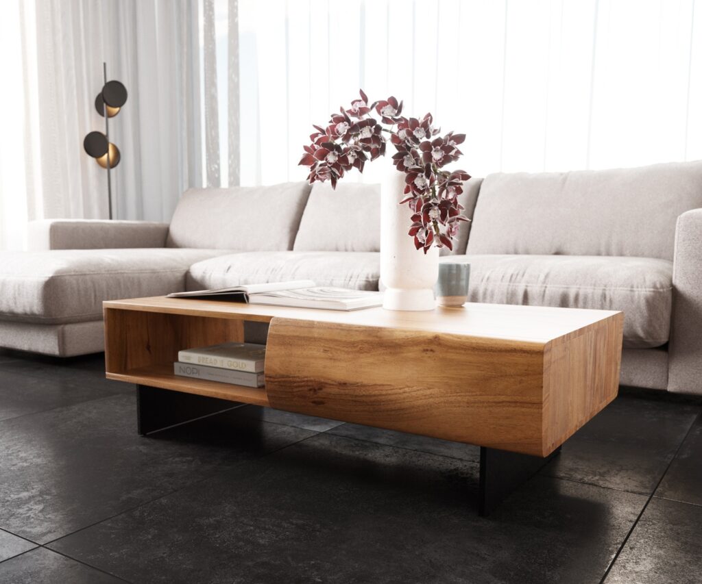 Couchtisch New Live-Edge 115x60 cm Akazie Natur 2 Schubladen 1 Fach Fuß schwebend Metall Schwarz