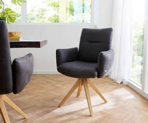 Drehstuhl Jova-Flex mit Armlehnen Mikrofaser Anthrazit Vintage Holzgestell kantig Natur 360° drehbar Taschenfederkern
