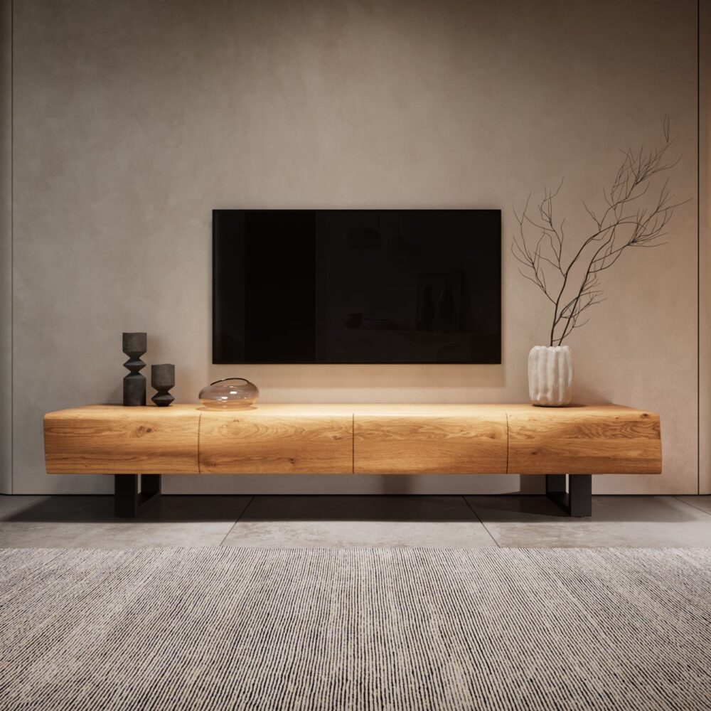 Lowboard New Live-Edge 200 cm Eiche Natur 4 Türen Kufe Metall Schwarz