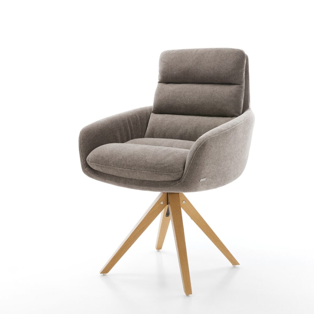Drehstuhl Abelia-Flex mit Armlehnen Strukturstoff Soft Taupe Holzgestell kantig Natur 360° drehbar