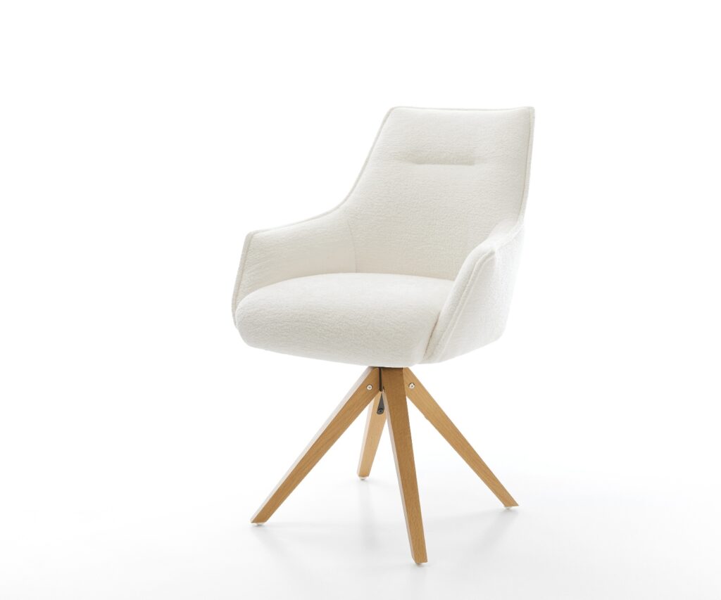 Drehstuhl Alja-Flex mit Armlehnen Bouclé Soft Beige Holzgestell kantig Natur 360° drehbar Taschenfederkern