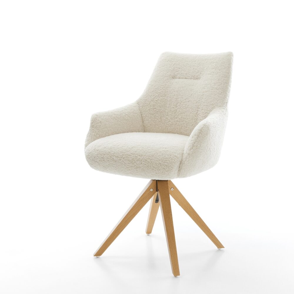 Drehstuhl Alja-Flex mit Armlehnen Teddystoff Beige Holzgestell kantig Natur 360° drehbar Taschenfederkern