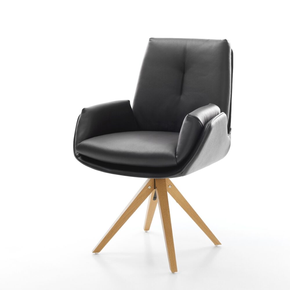 Drehstuhl Clea-Flex Echt-Leder Schwarz Holzgestell kantig Natur 360° drehbar
