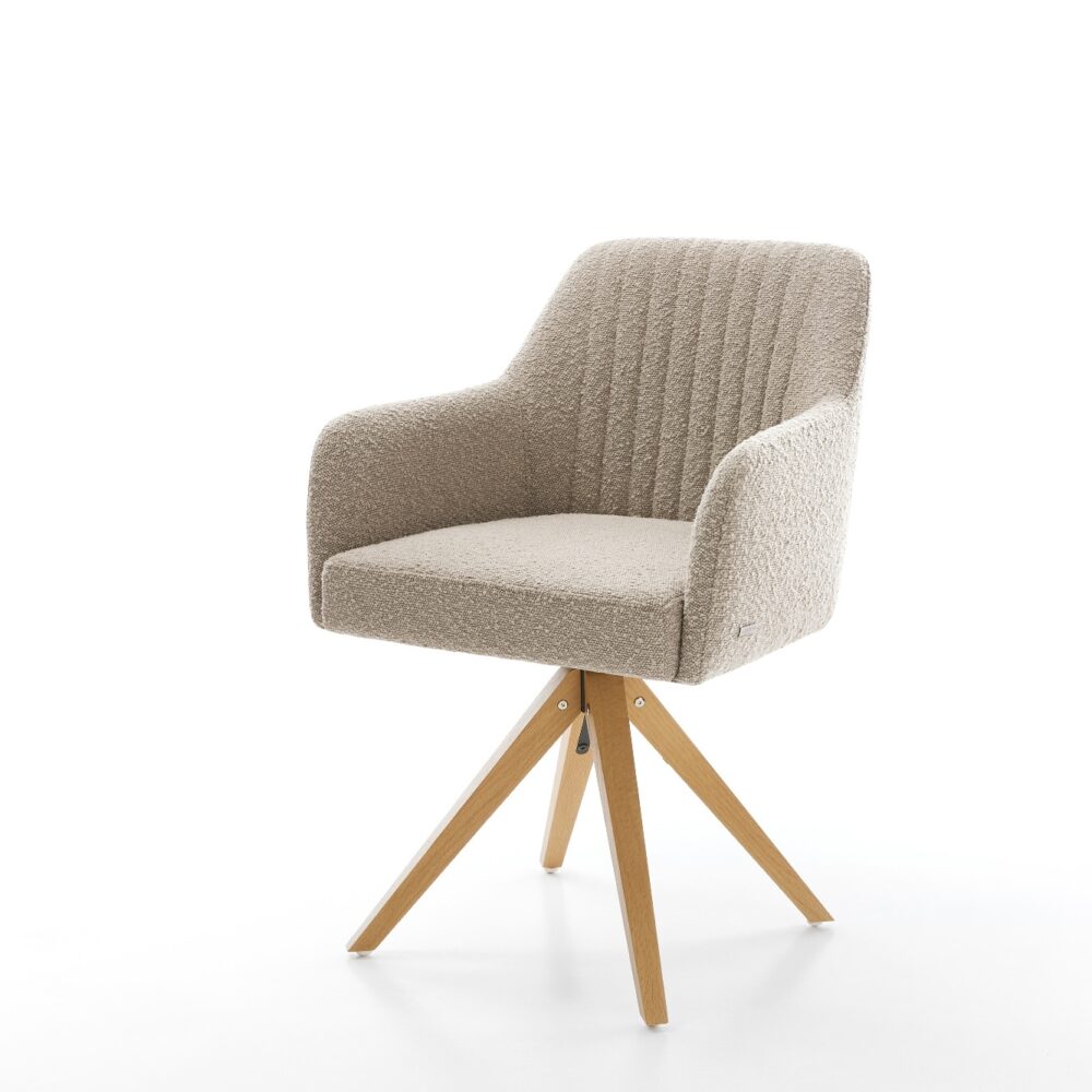Drehstuhl Greg-Flex Bouclé Schlamm Holzgestell kantig Natur 360° drehbar Taschenfederkern