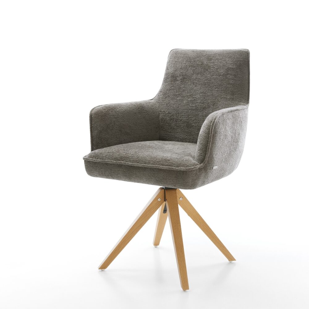 Drehstuhl Heira-Flex mit Armlehnen Bouclé Soft Schlamm Holzgestell kantig Natur 360° drehbar Taschenfederkern