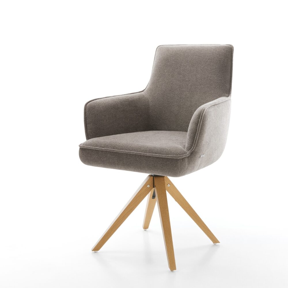 Drehstuhl Heira-Flex mit Armlehnen Strukturstoff Soft Taupe Holzgestell kantig Natur 360° drehbar Taschenfederkern