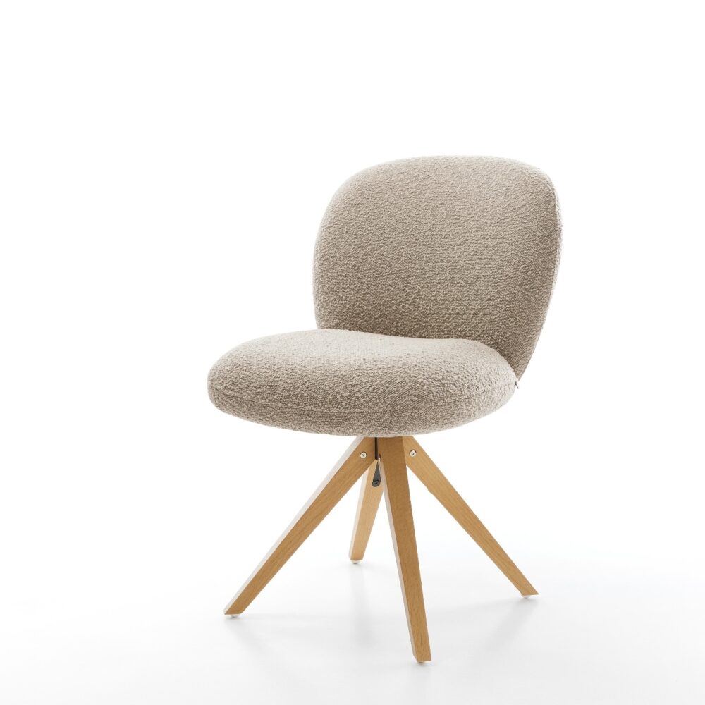Drehstuhl Nube-Flex Bouclé Schlamm Holzgestell kantig Natur 360° drehbar Taschenfederkern