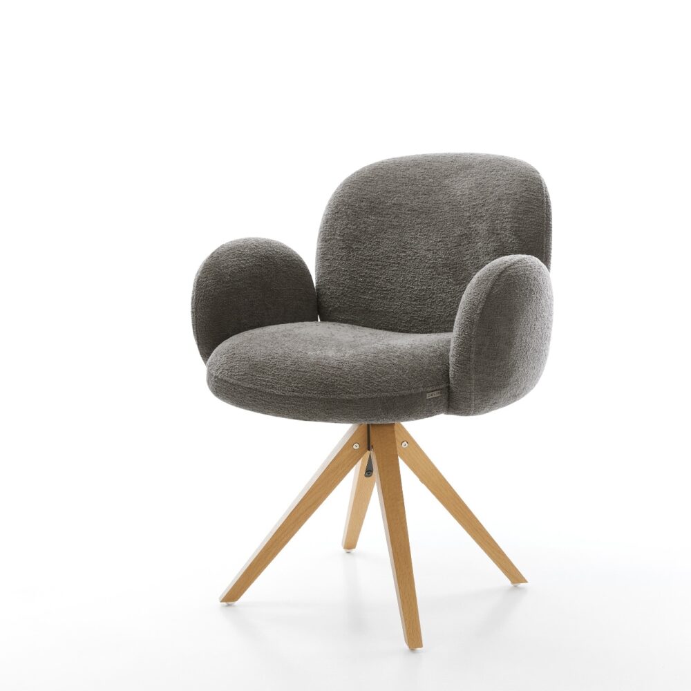 Drehstuhl Nube-Flex mit Armlehnen Bouclé Soft Schlamm Holzgestell kantig Natur 360° drehbar Taschenfederkern
