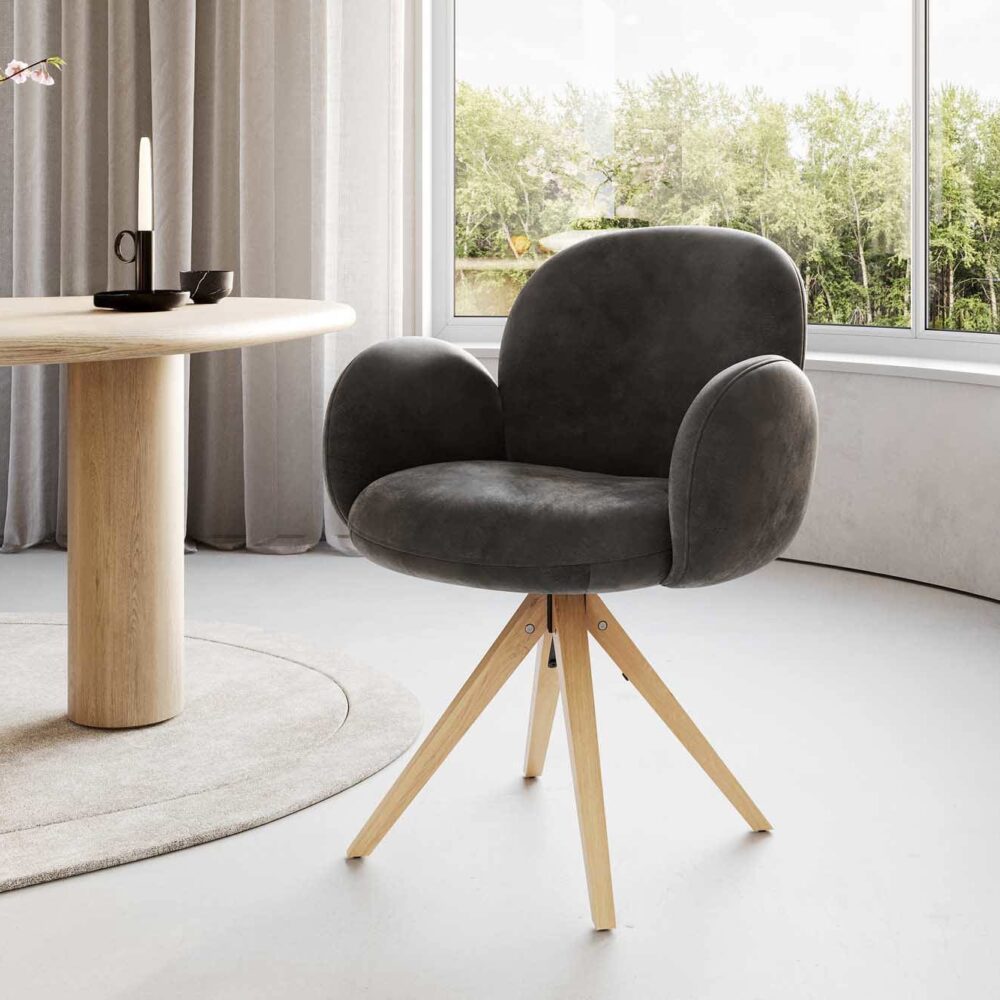 Drehstuhl Nube-Flex mit Armlehnen Mikrofaser Anthrazit Vintage Holzgestell kantig Natur 360° drehbar Taschenfederkern